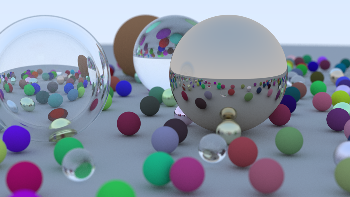 Many small spheres of varying colours, along with a big bubble-like sphere, polished metal-like sphere, glass sphere, and brown opaque sphere, on a flat grey floor, with a white sky behind them. There is a blur around the edges of the image as if it was taken by a real camera. All of the spheres are reflected in the bubble, metal, and glass spheres.